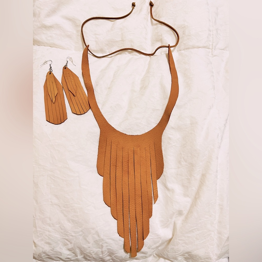 Handmade Deer Tan Leather Fringe Necklace & EARRINGS SET. Necklace is Adjustable